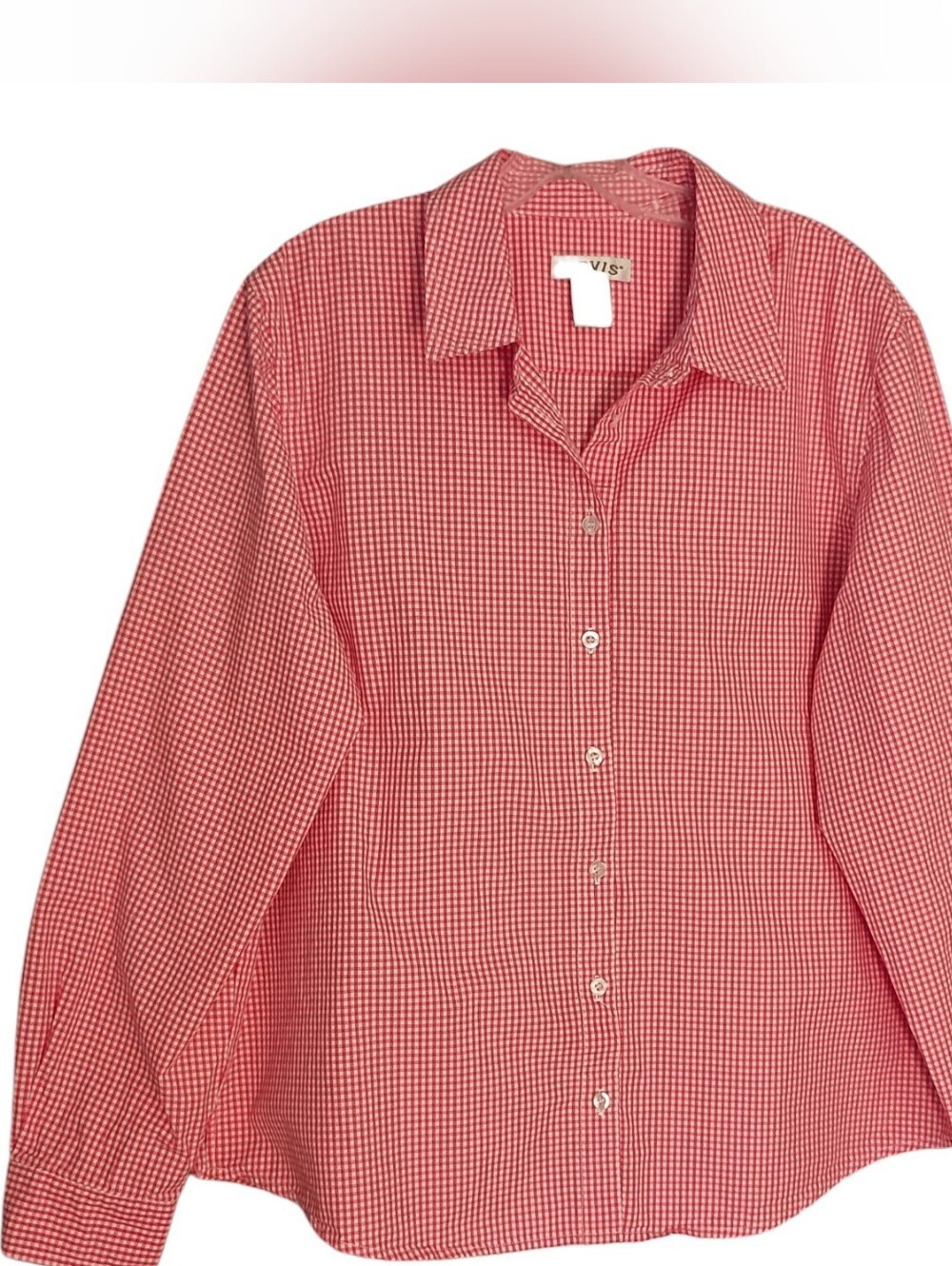 Orvis Womens Red Check Plaid Cotton Button Down Shirt Size 16 Long Slv Round Hem